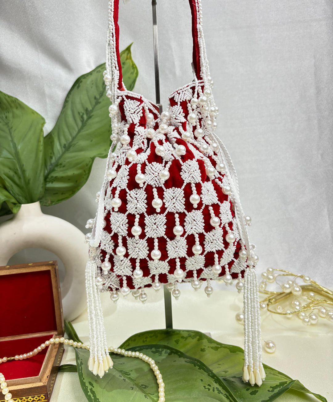 Sophie red pearl flowers potli