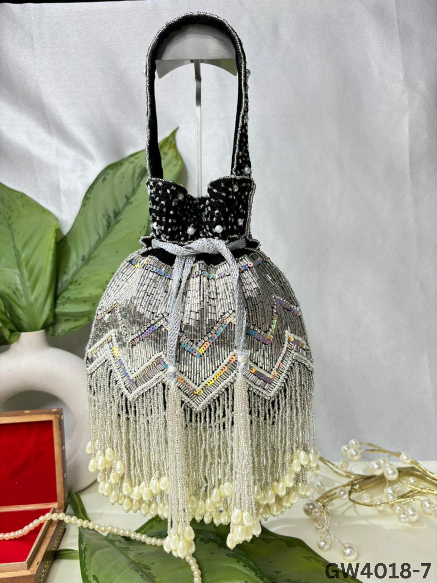 Designer Party Potli Bag for Women with Silver Tassels