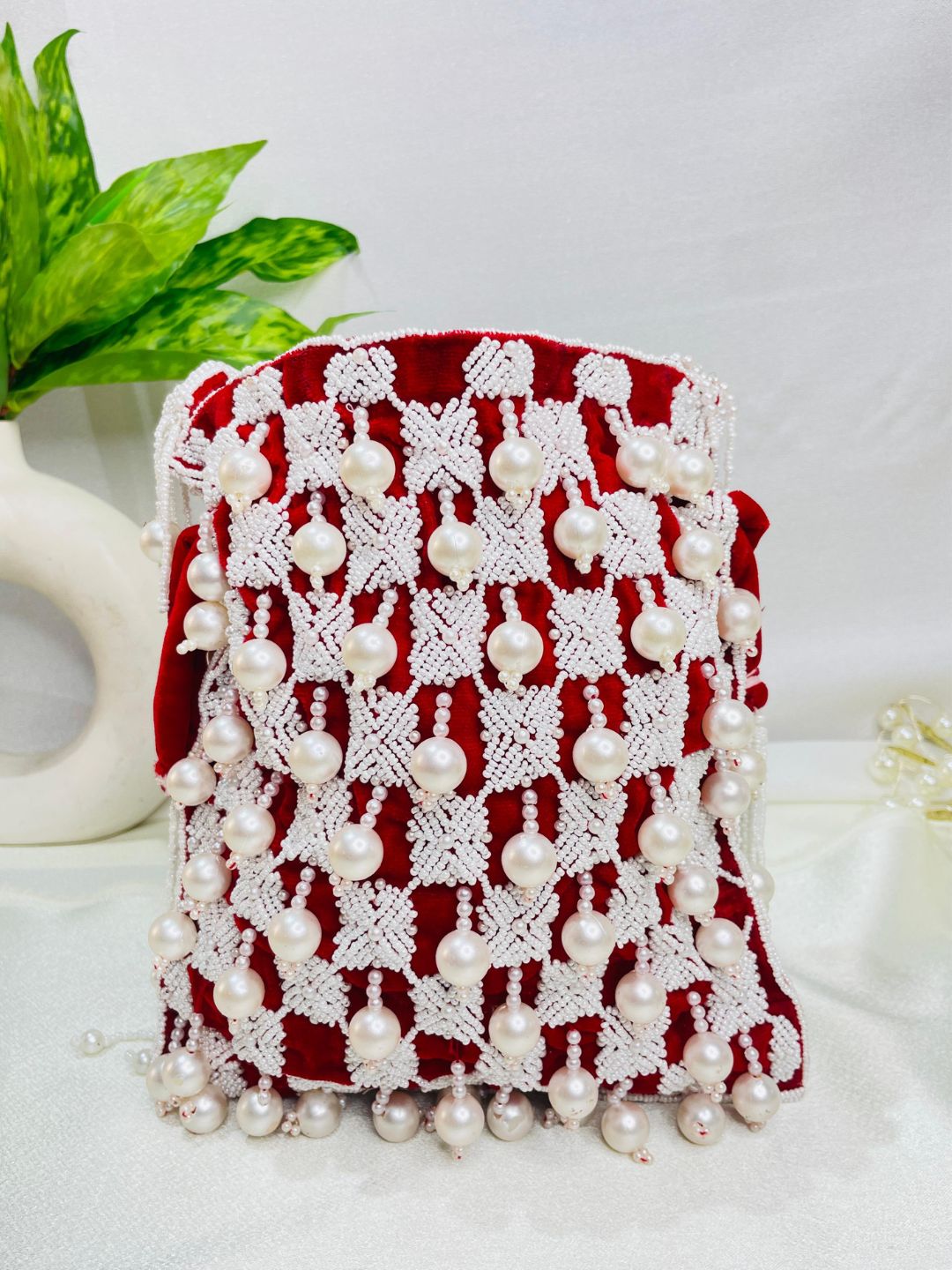 Sophie red pearl flowers potli