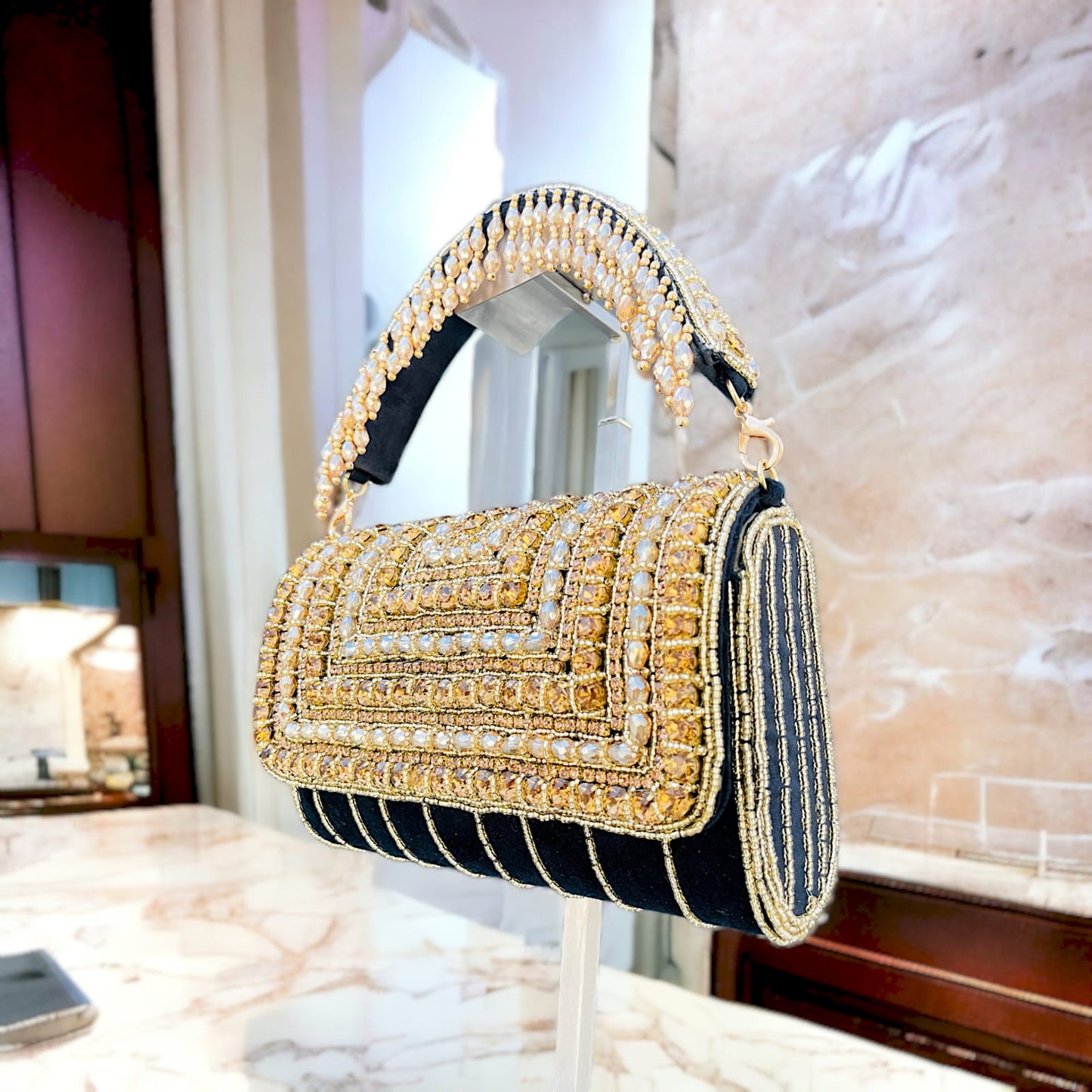 A crystal flap clutch