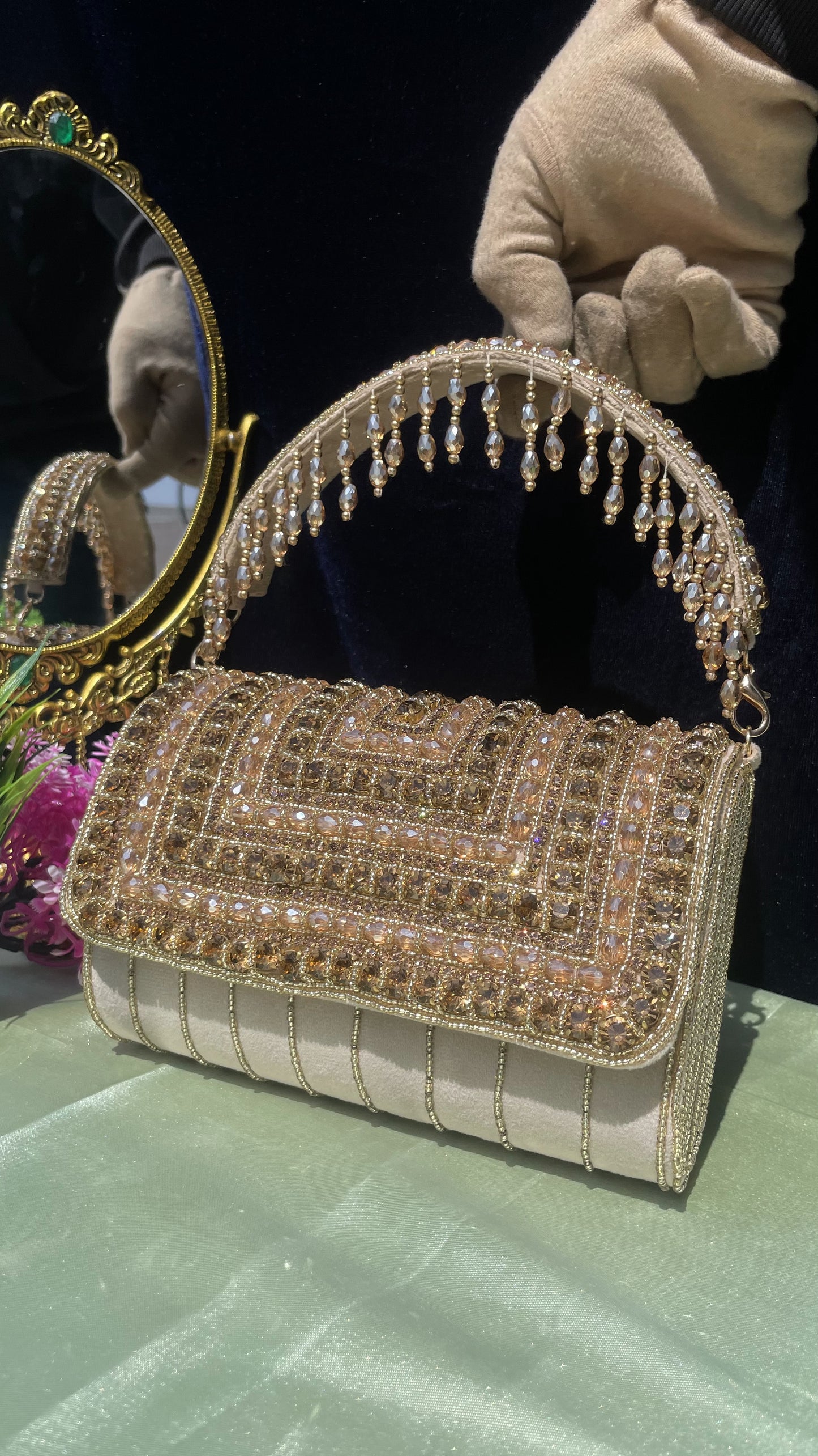 A crystal flap clutch