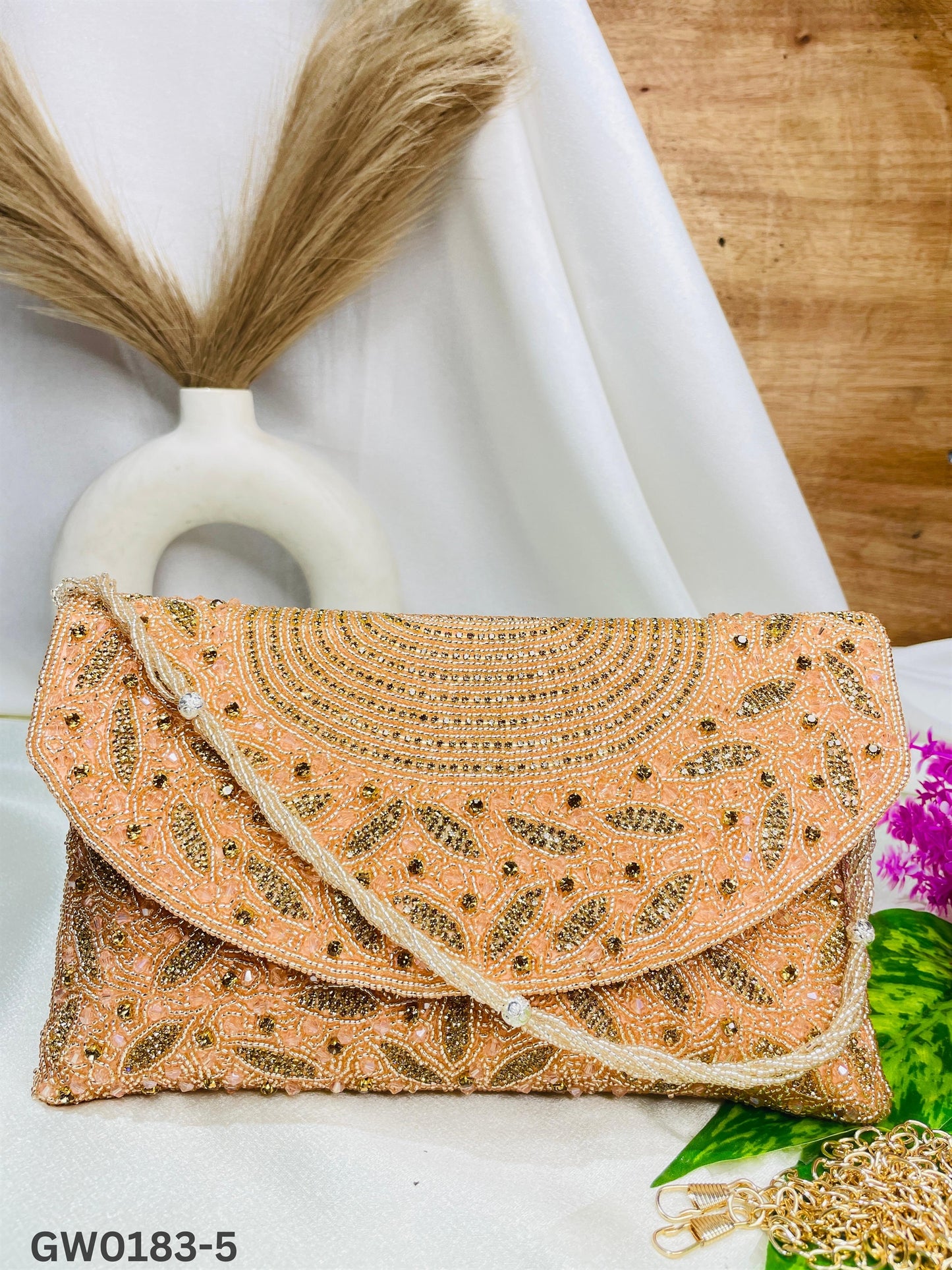 Radiant Arc Hand-Beaded detachable metallic chain strap Clutch
