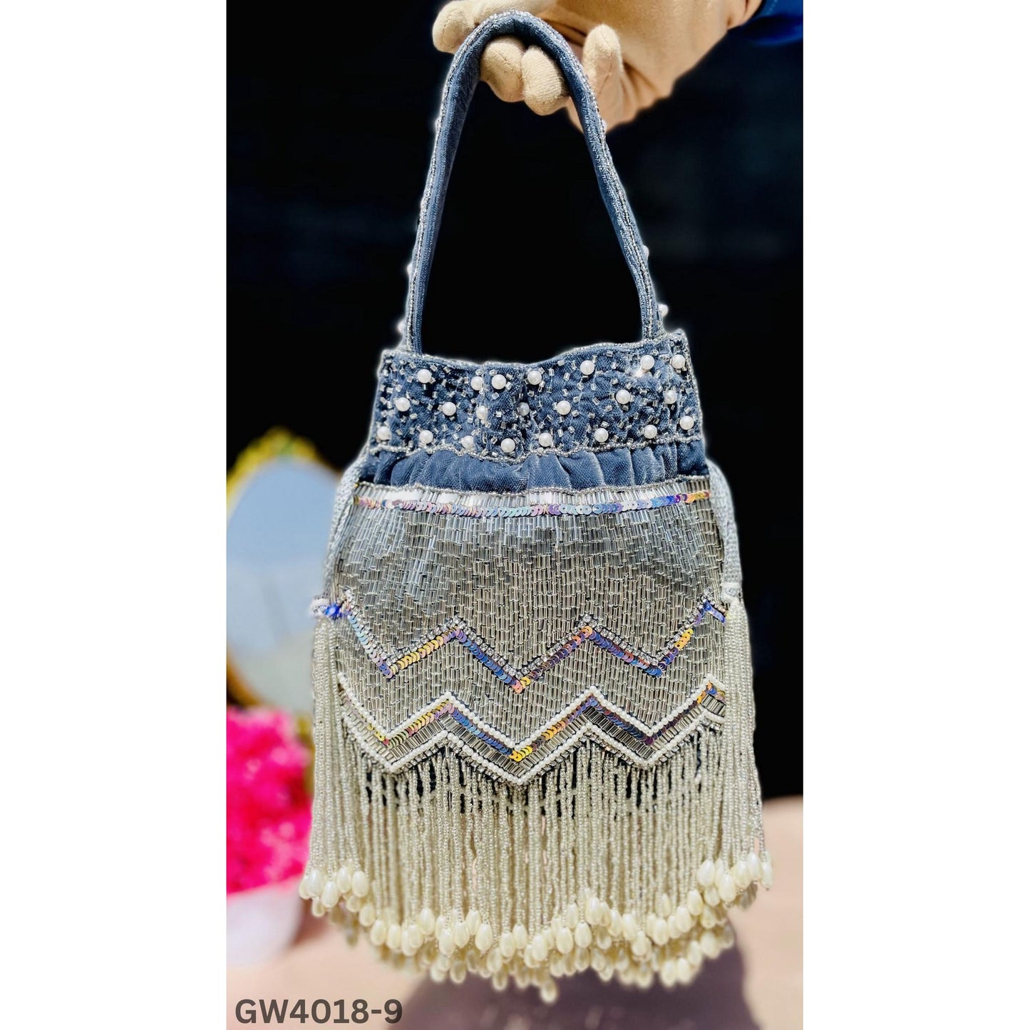 Designer Party Potli Bag for Women with Silver Tassels
