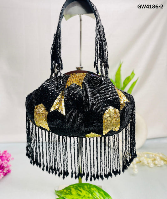 Black & White Sequin Beaded Potli Bag with Tassels | Evening Party Clutch – Trendy Crafts