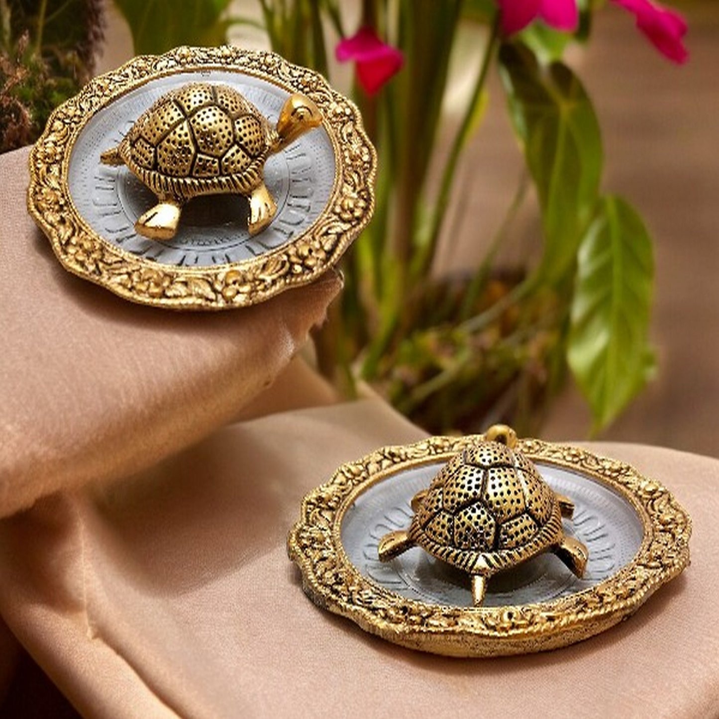 Trendy Crafts Pack Of 4 Golden Tortoise on Designer Plate Enhance Positivity • Invite Prosperity • Elevate Décor