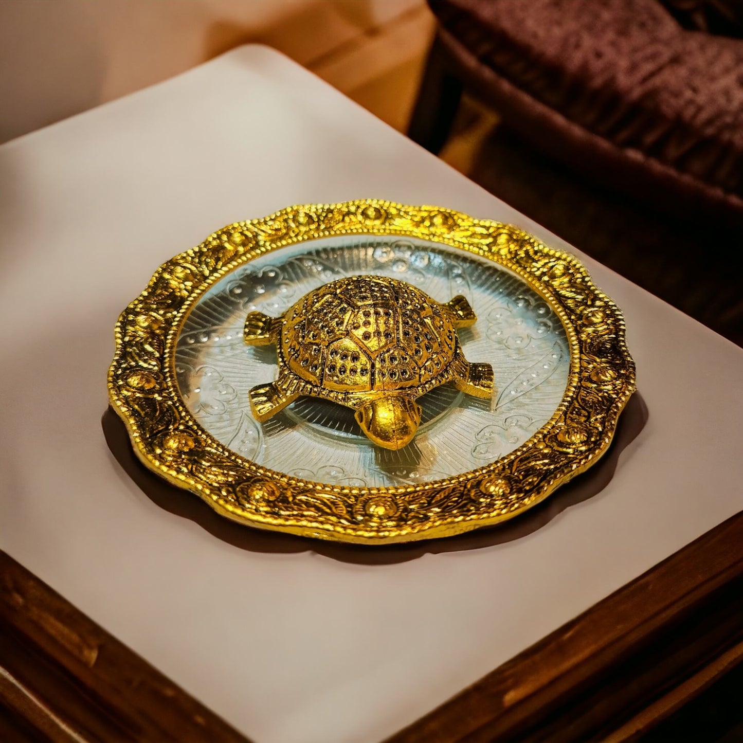 Trendy Crafts Pack Of 4 Golden Tortoise on Designer Plate Enhance Positivity • Invite Prosperity • Elevate Décor