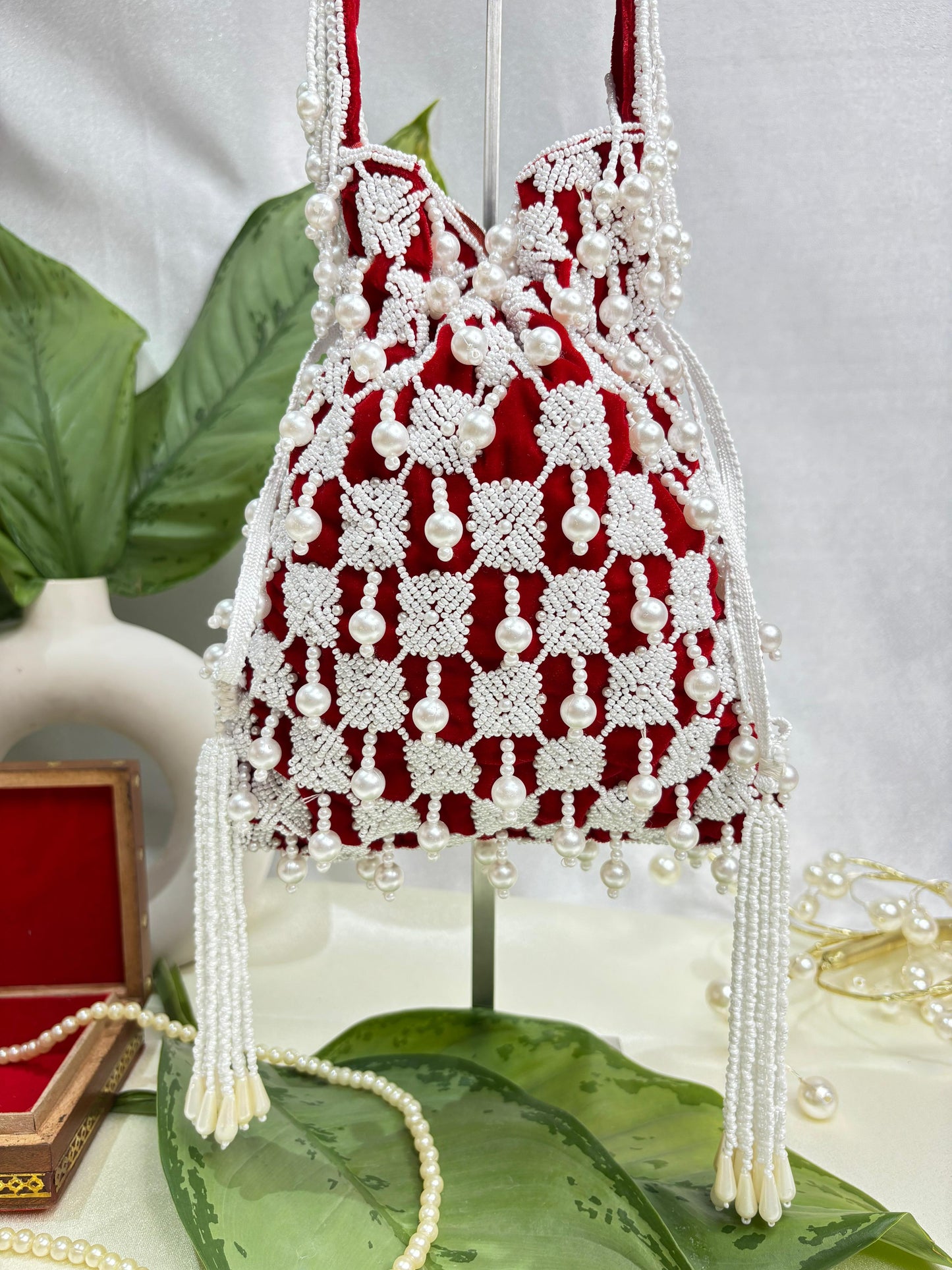 Sophie red pearl flowers potli