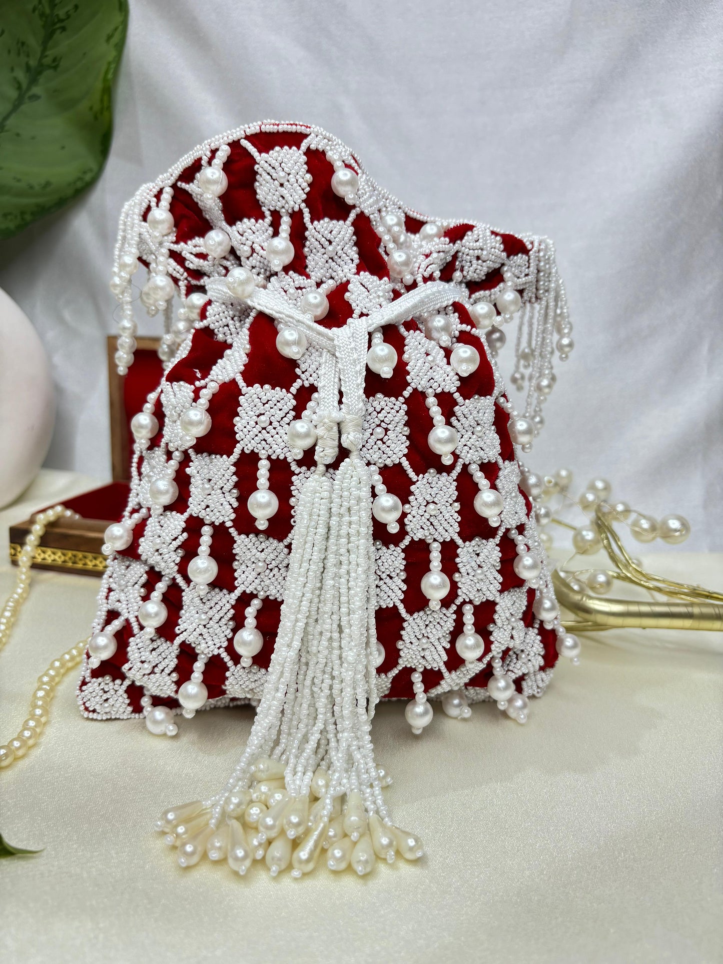 Sophie red pearl flowers potli