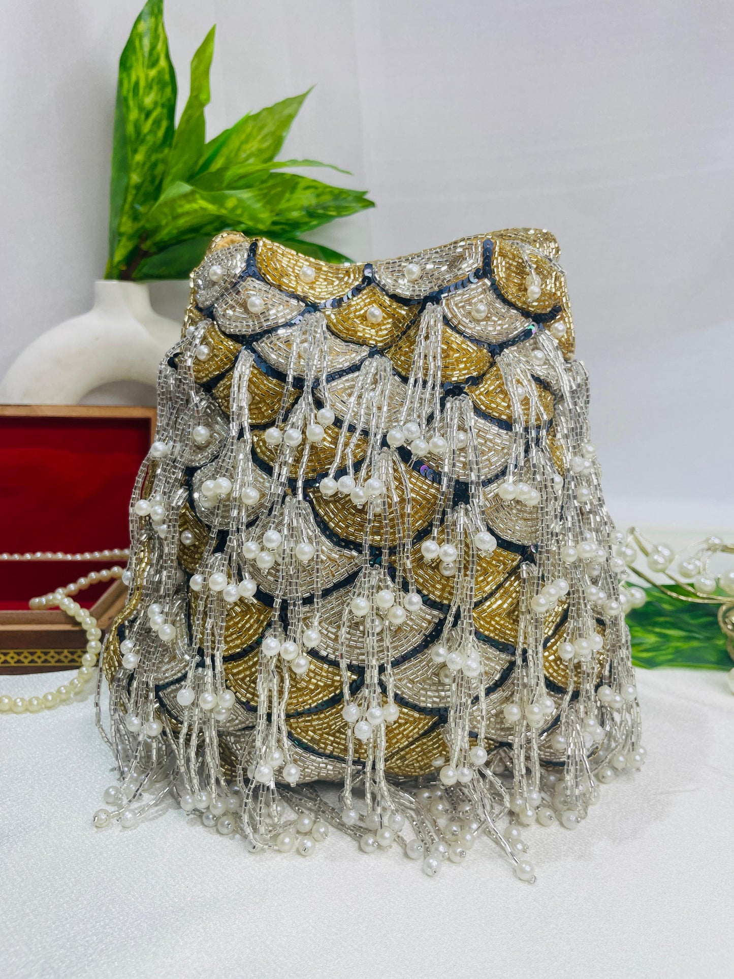 Sophie red pearl flowers potli