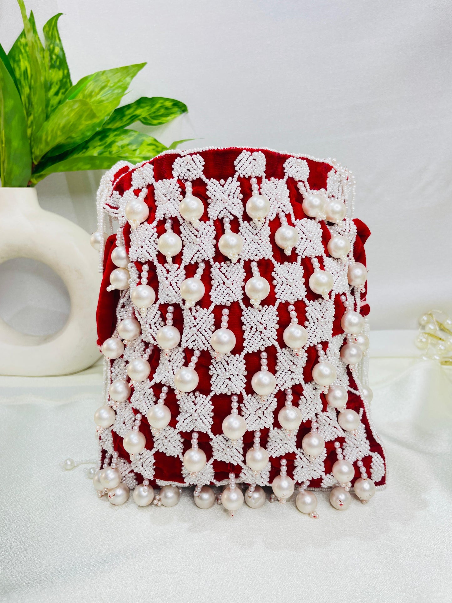 Sophie red pearl flowers potli