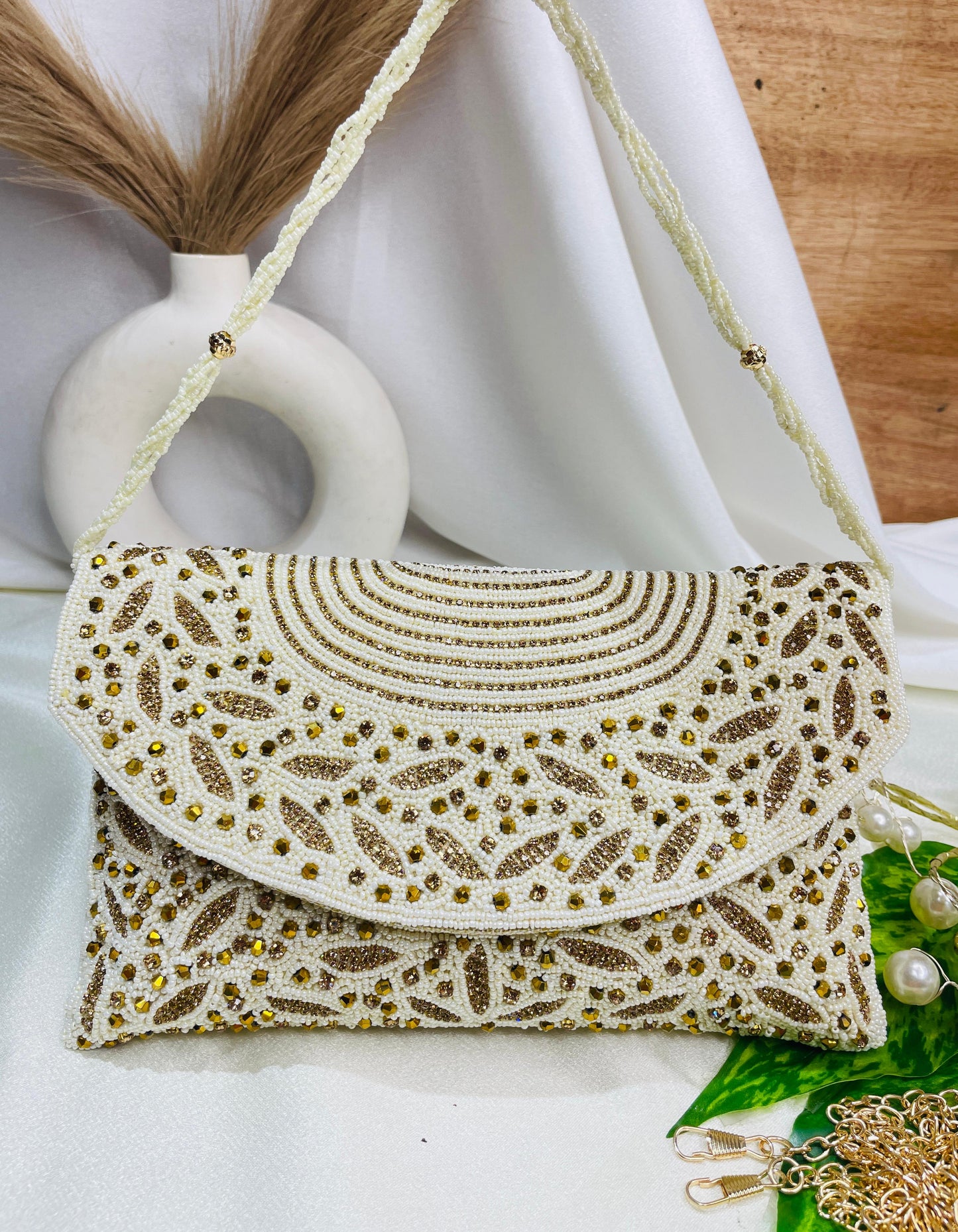 Radiant Arc Hand-Beaded detachable metallic chain strap Clutch