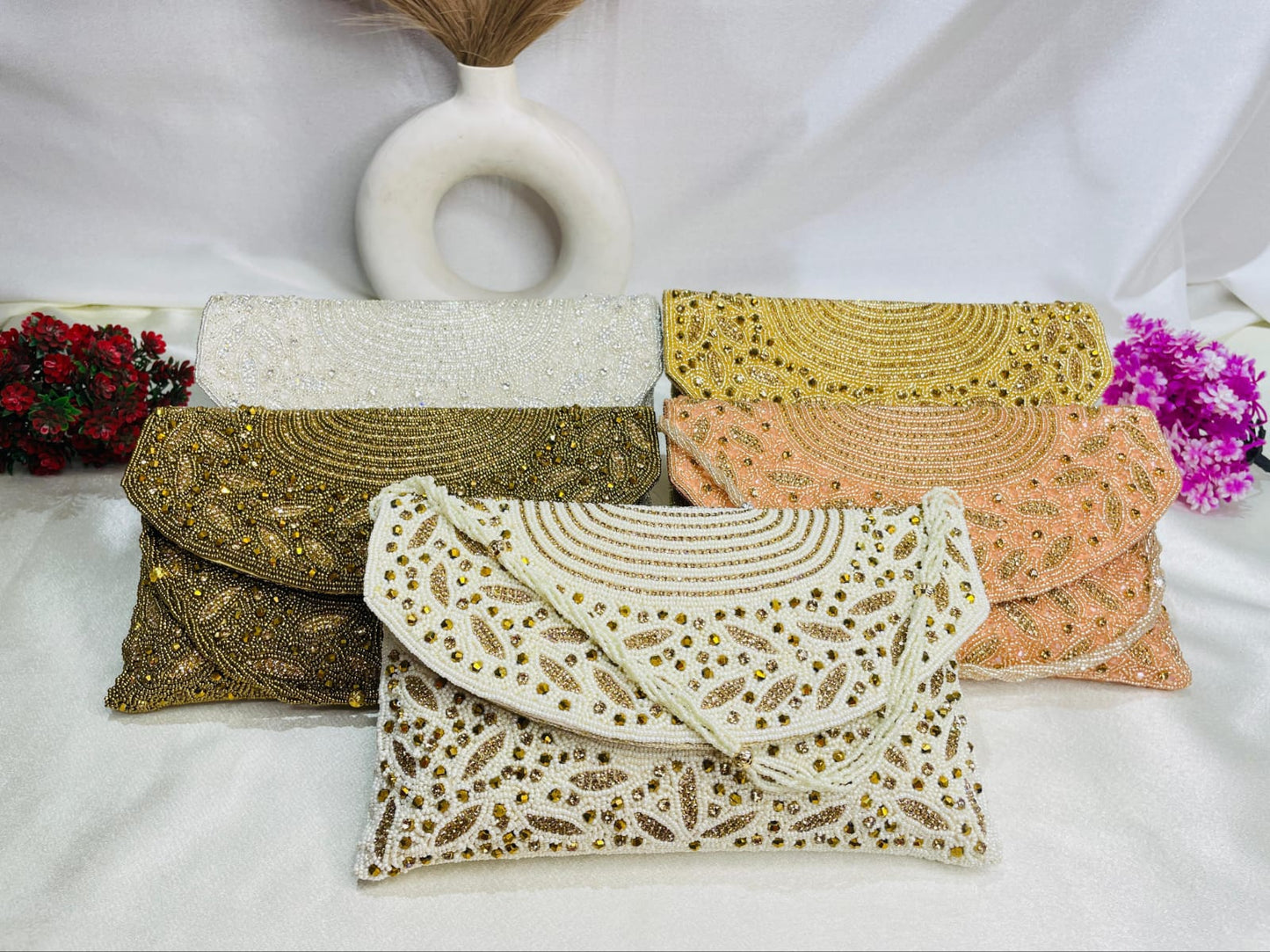 Radiant Arc Hand-Beaded detachable metallic chain strap Clutch
