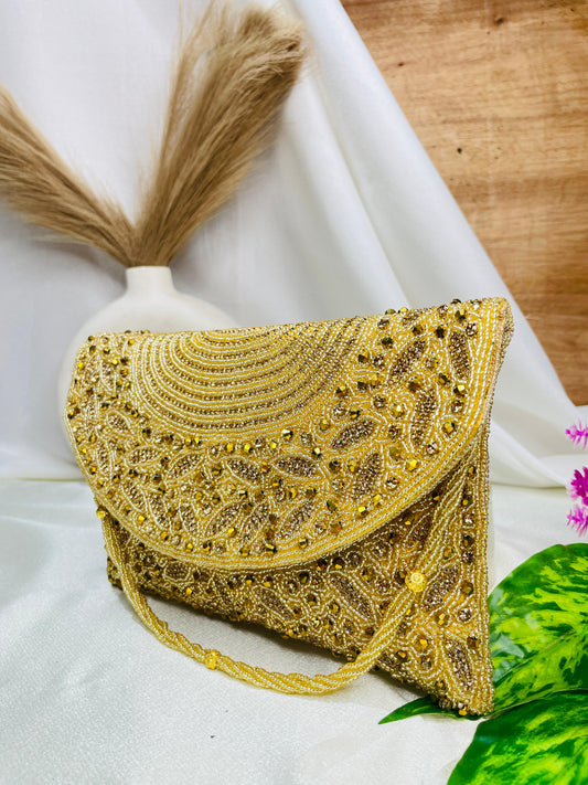 Radiant Arc Hand-Beaded detachable metallic chain strap Clutch