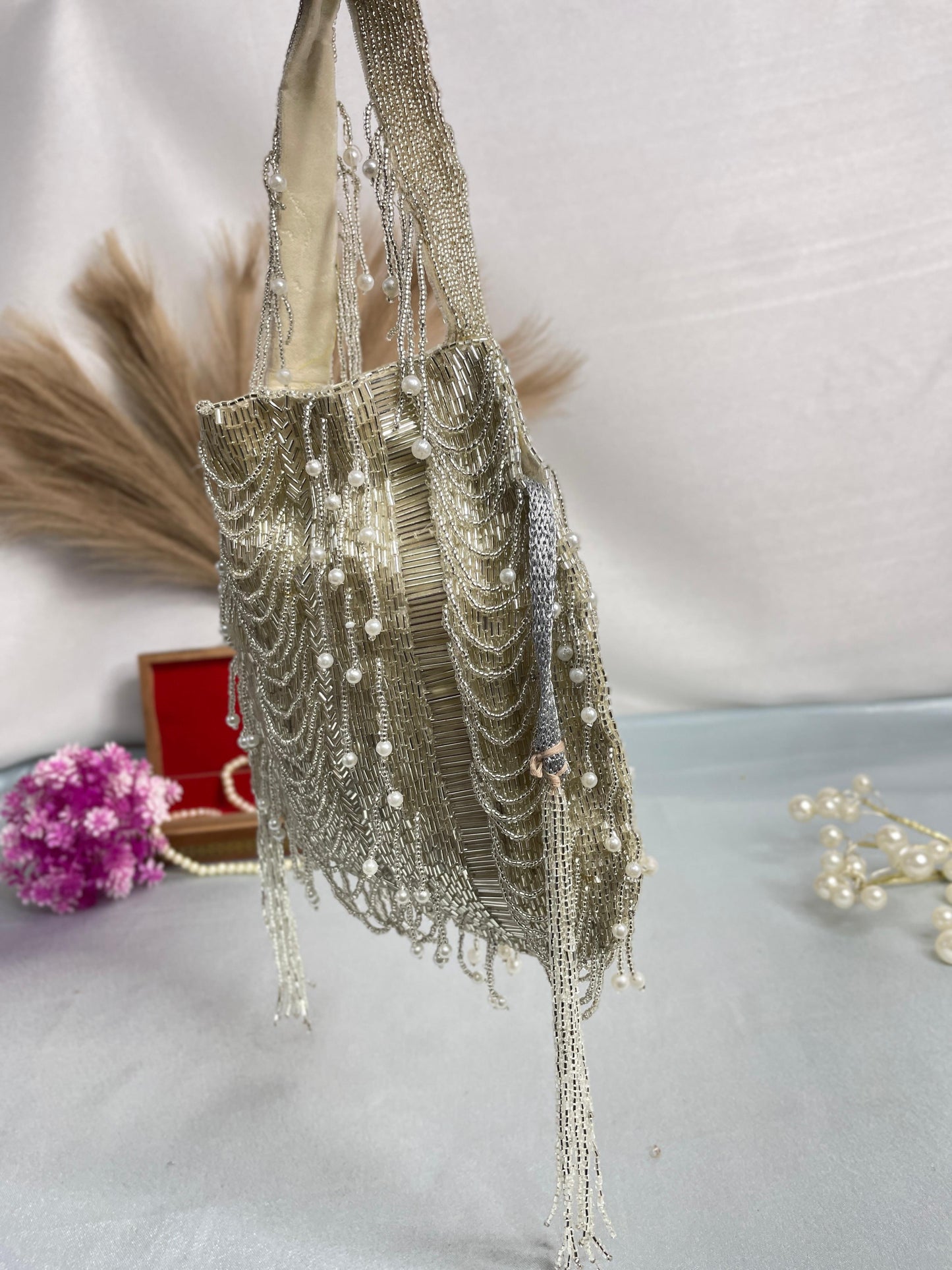 Hazel silver mala nalki work potli
