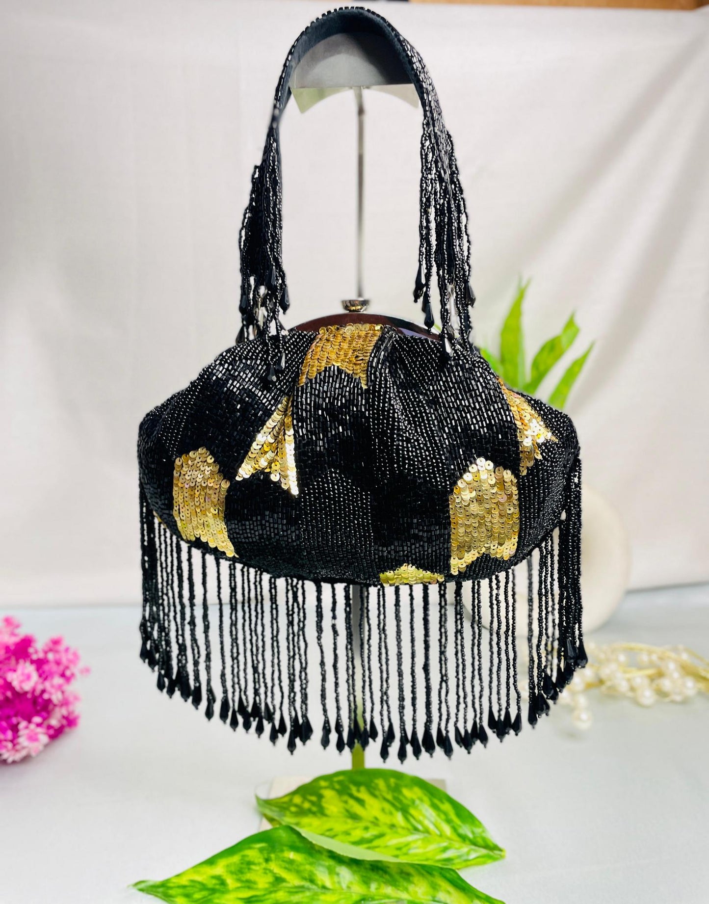 Black & White Sequin Beaded Potli Bag with Tassels | Evening Party Clutch – Trendy Crafts