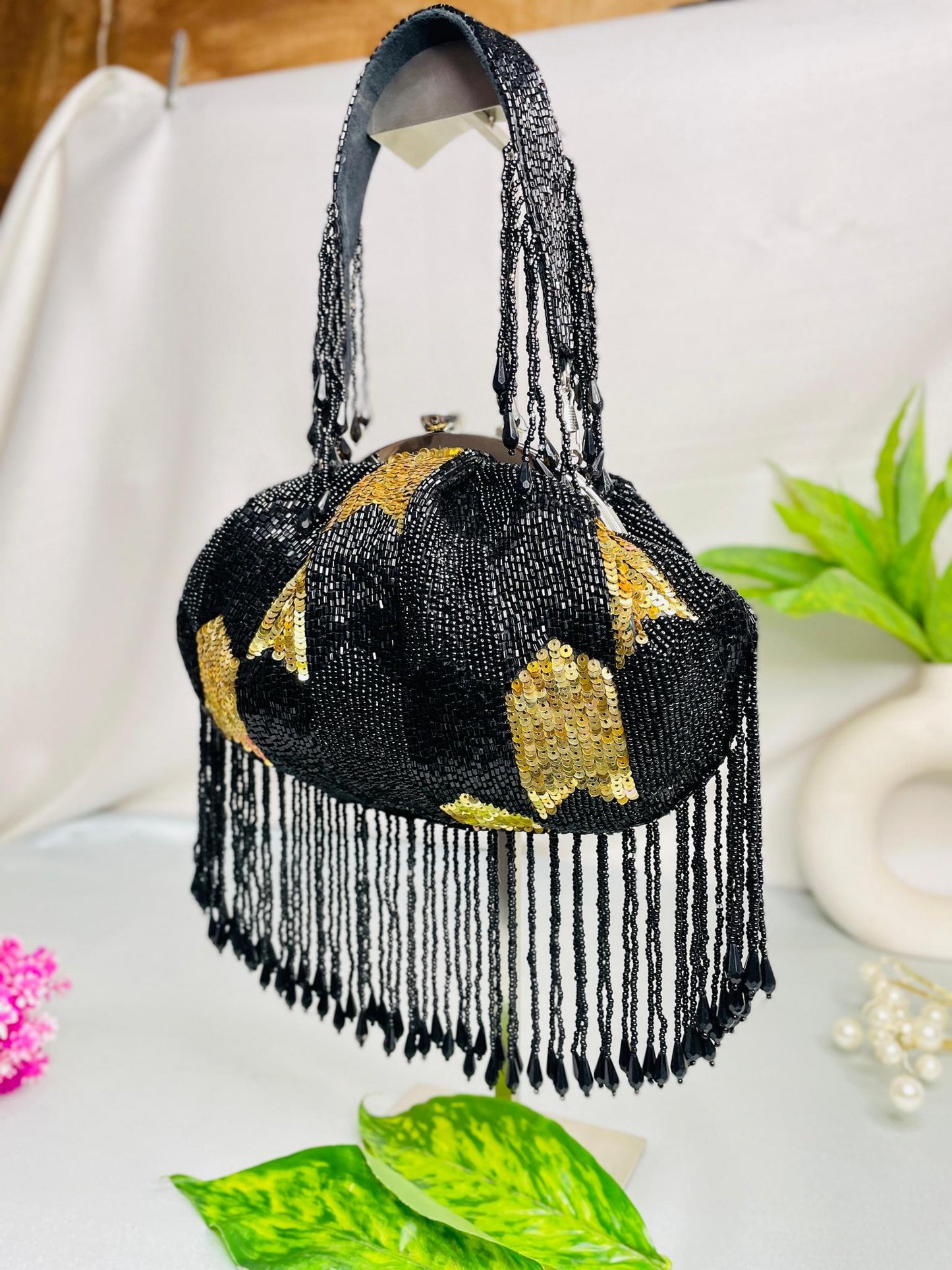 Black & White Sequin Beaded Potli Bag with Tassels | Evening Party Clutch – Trendy Crafts