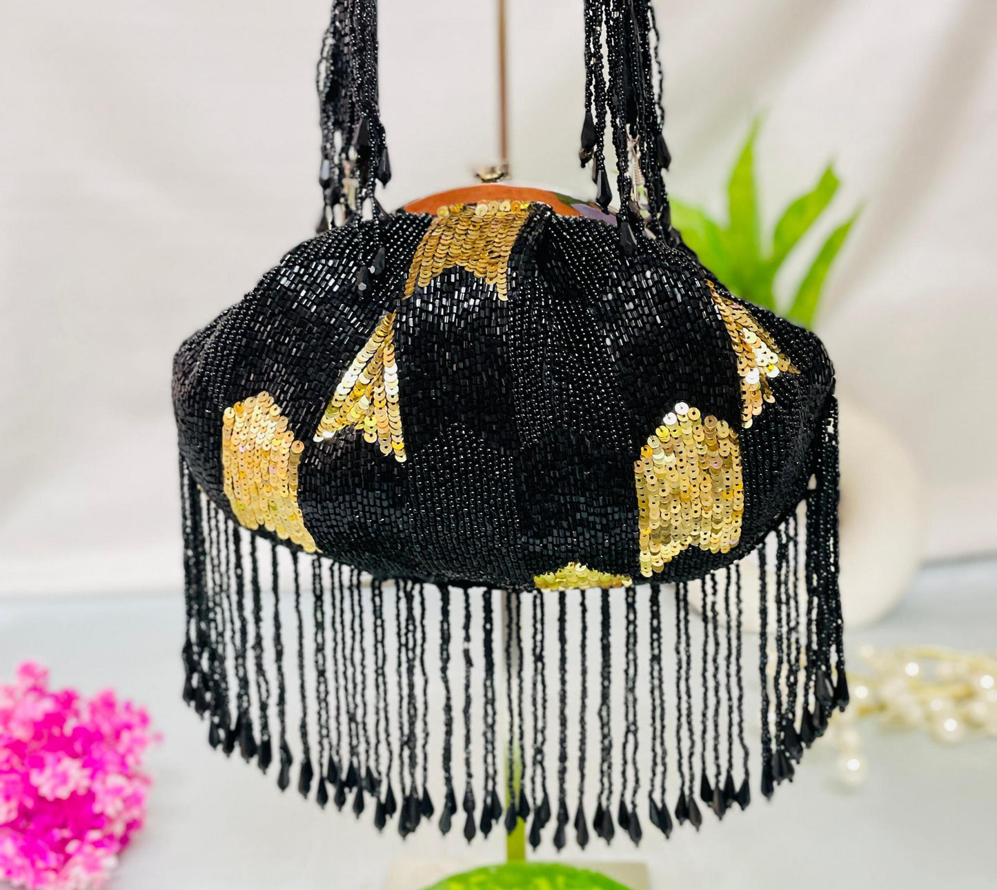 Black & White Sequin Beaded Potli Bag with Tassels | Evening Party Clutch – Trendy Crafts