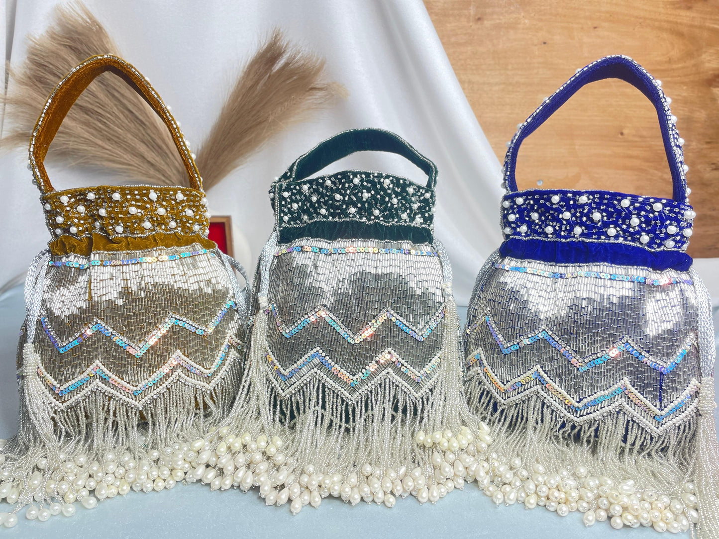 Designer Party Potli Bag for Women with Silver Tassels