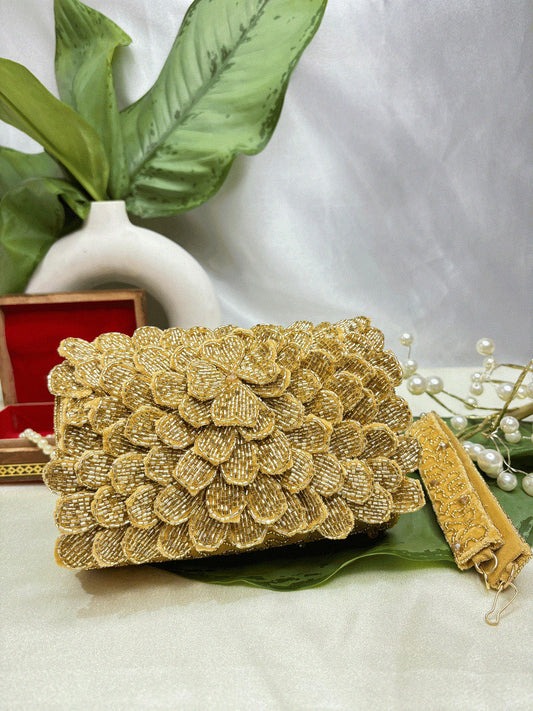 A Handcrafted Nalki Work clutch Bag – Elegant Floral Design