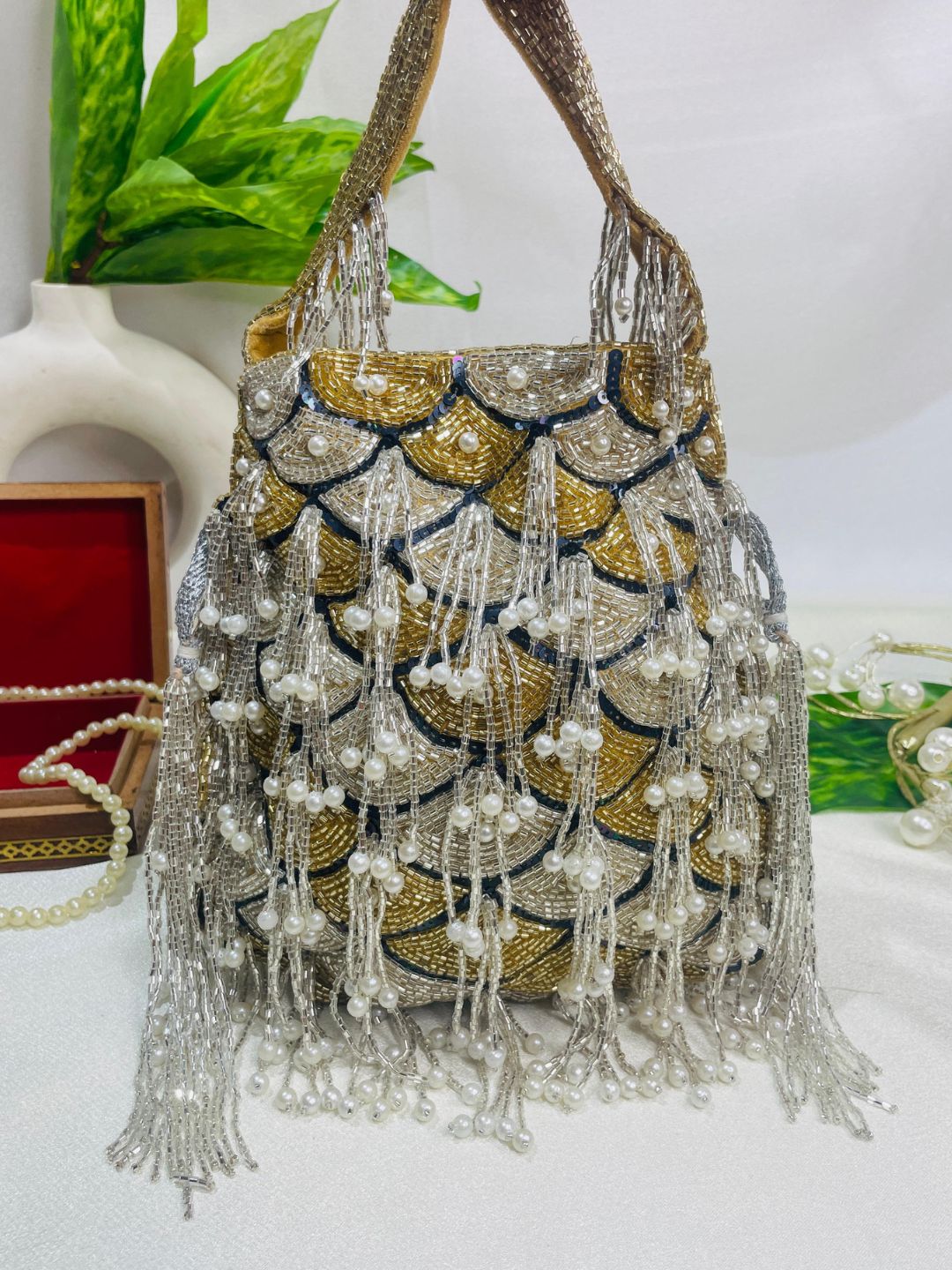 Sophie red pearl flowers potli
