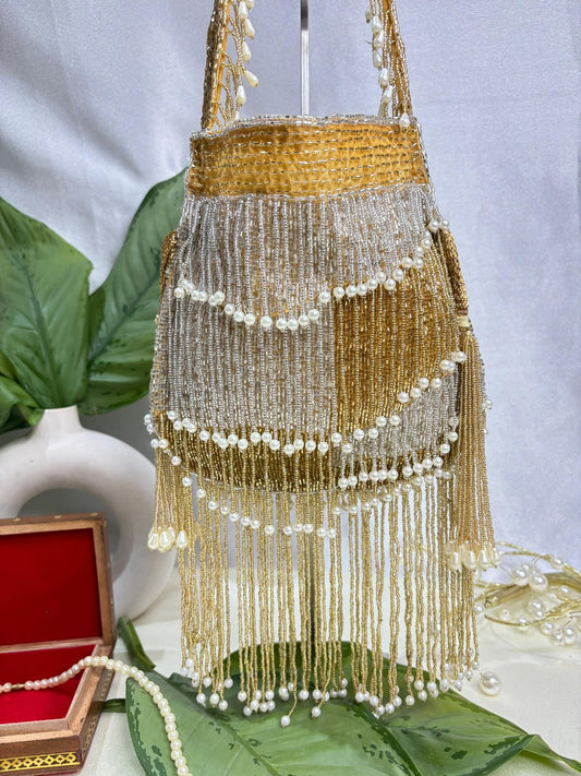 Naomi gold and silver multi layer pearl latkan potli