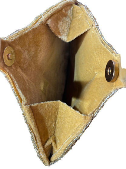 Gold Beaded Fringe Clutch with playful tassels and hidden button closure