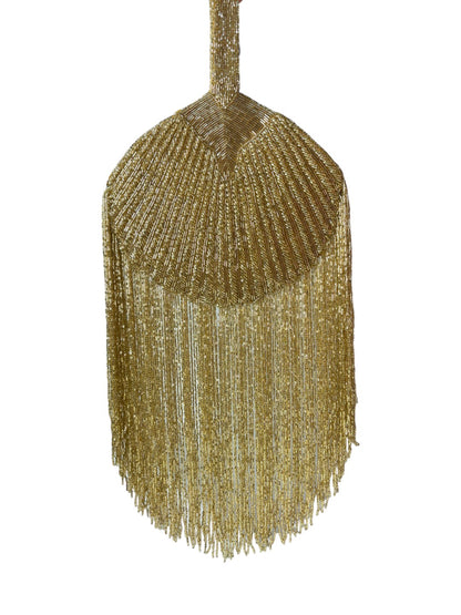 Gold Beaded Fringe Clutch with playful tassels and hidden button closure