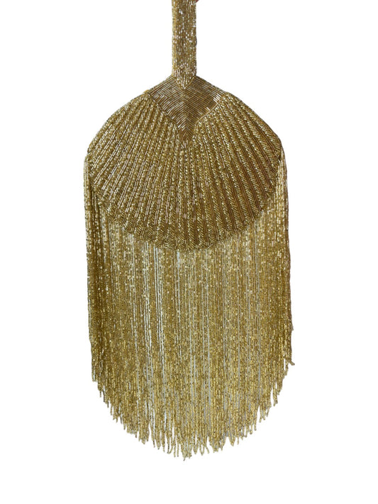 Gold Beaded Fringe Clutch with playful tassels and hidden button closure