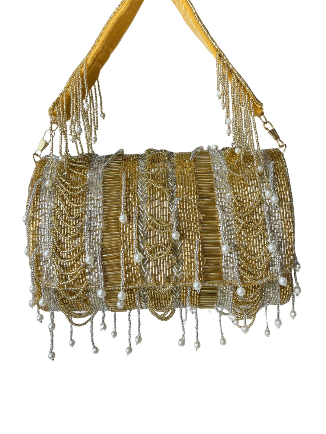 Gold beaded clutch bag with pearl accents on a neutral background