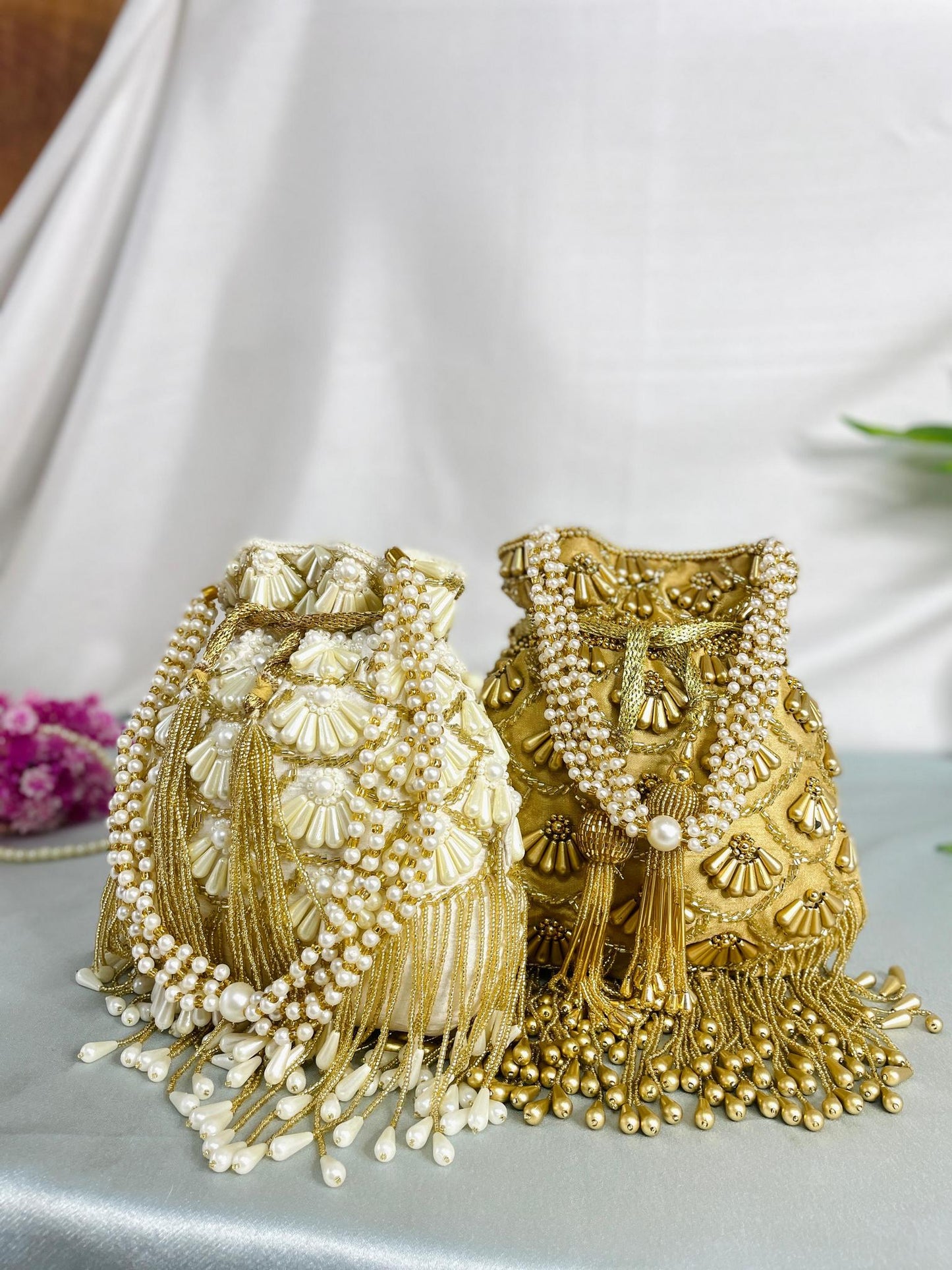 Gold & White Designer Potli Bag with Beaded Tassels