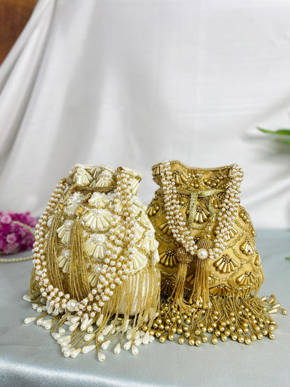 Gold & White Designer Potli Bag with Beaded Tassels