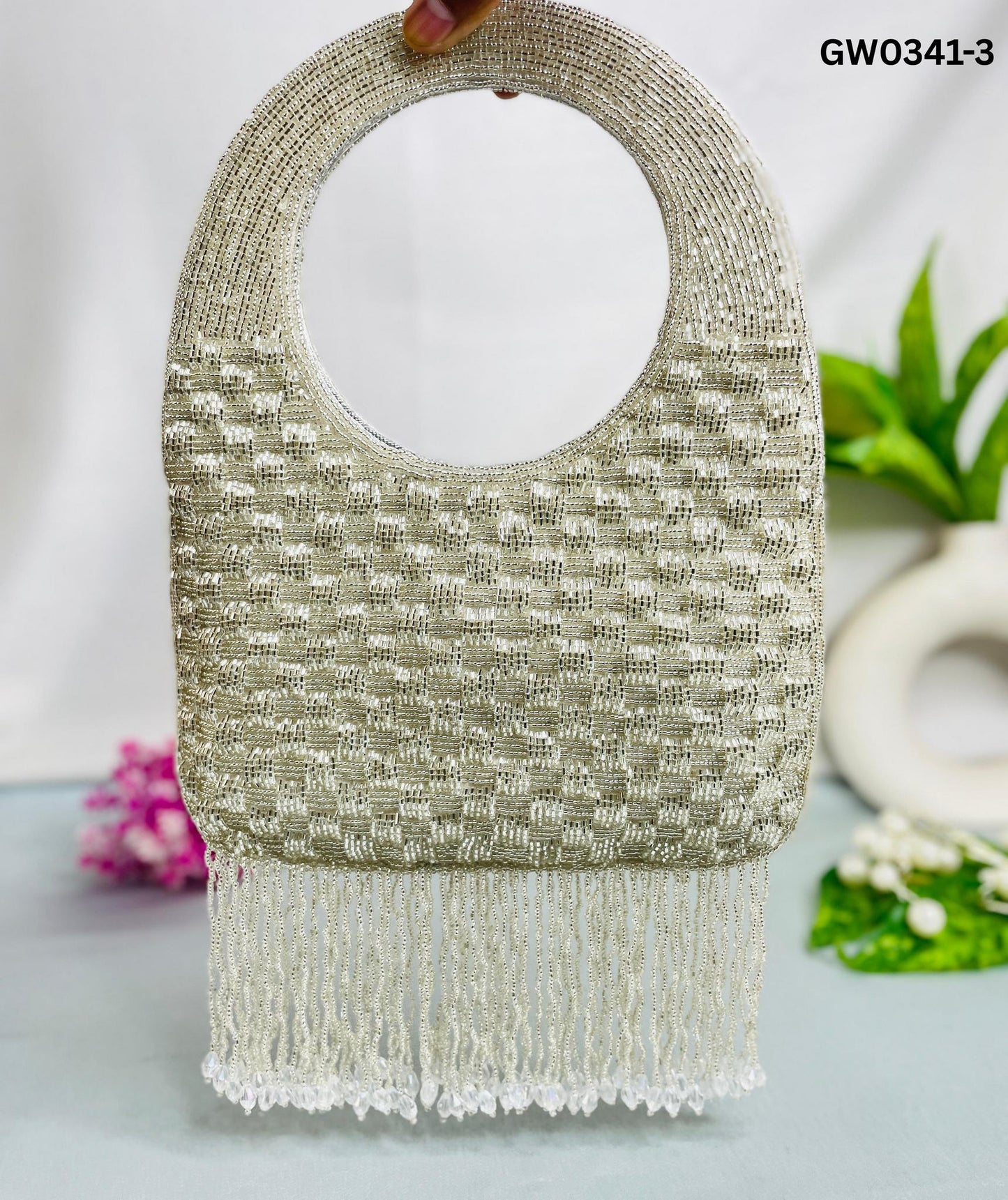 Hand-Beaded Fringe Handle Clutch – A Statement of Subtle Glam by Trendy Crafts