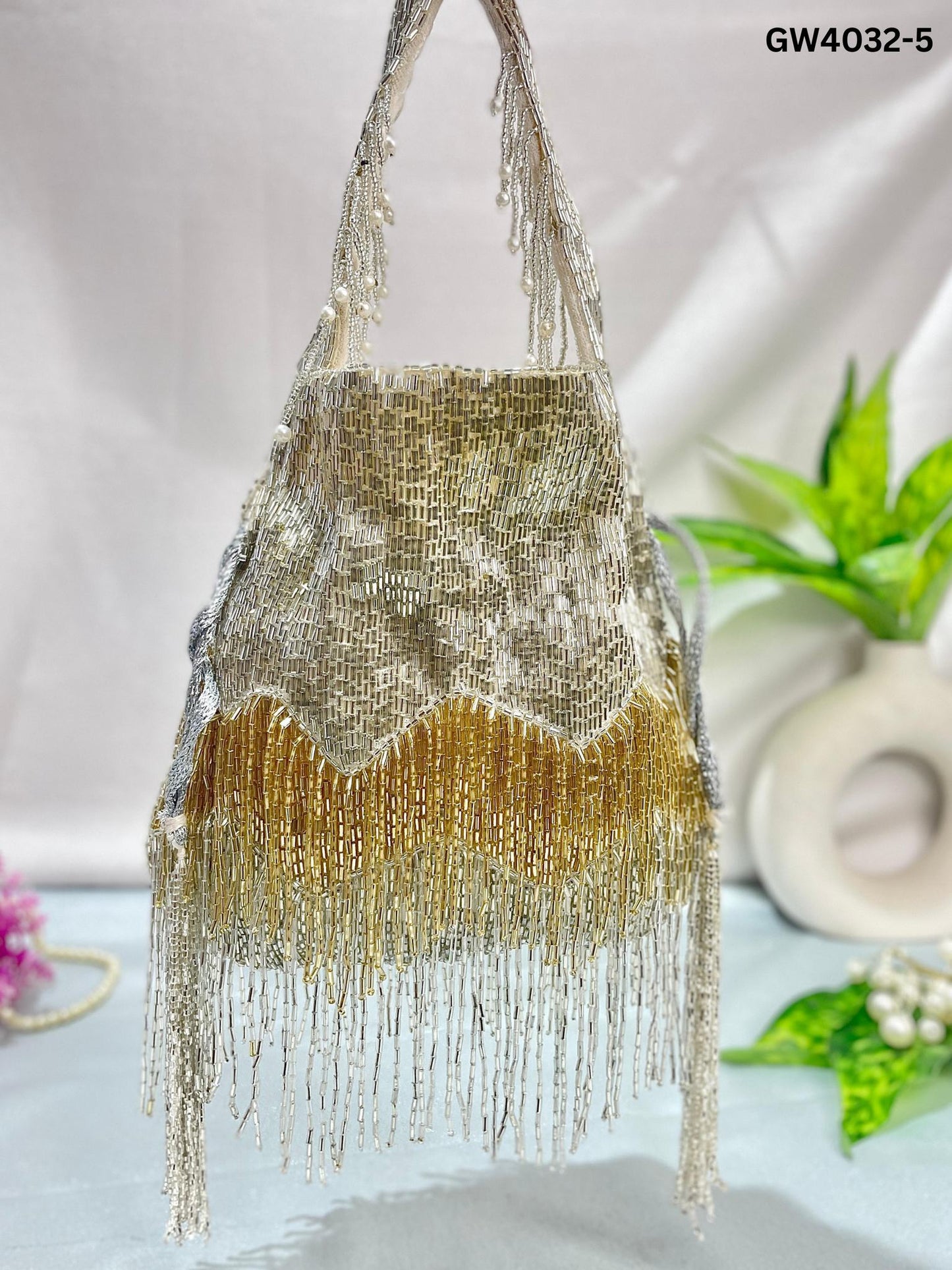Golden & Silver Beaded Fringe Potli Bag | Trendy Crafts