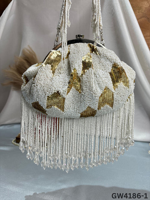 Black & White Sequin Beaded Potli Bag with Tassels | Evening Party Clutch – Trendy Crafts