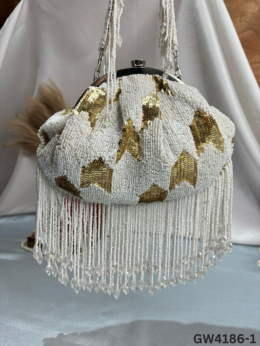 Black & White Sequin Beaded Potli Bag with Tassels | Evening Party Clutch – Trendy Crafts