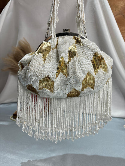 Black & White Sequin Beaded Potli Bag with Tassels | Evening Party Clutch – Trendy Crafts