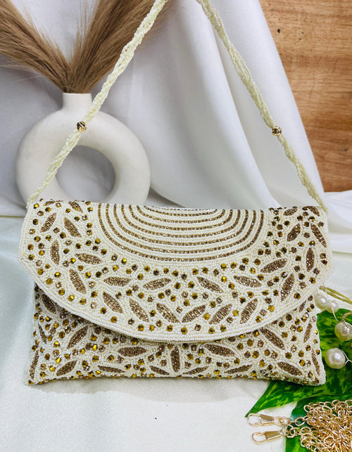 Radiant Arc Hand-Beaded detachable metallic chain strap Clutch