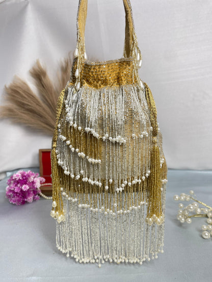 Naomi gold and silver multi layer pearl latkan potli