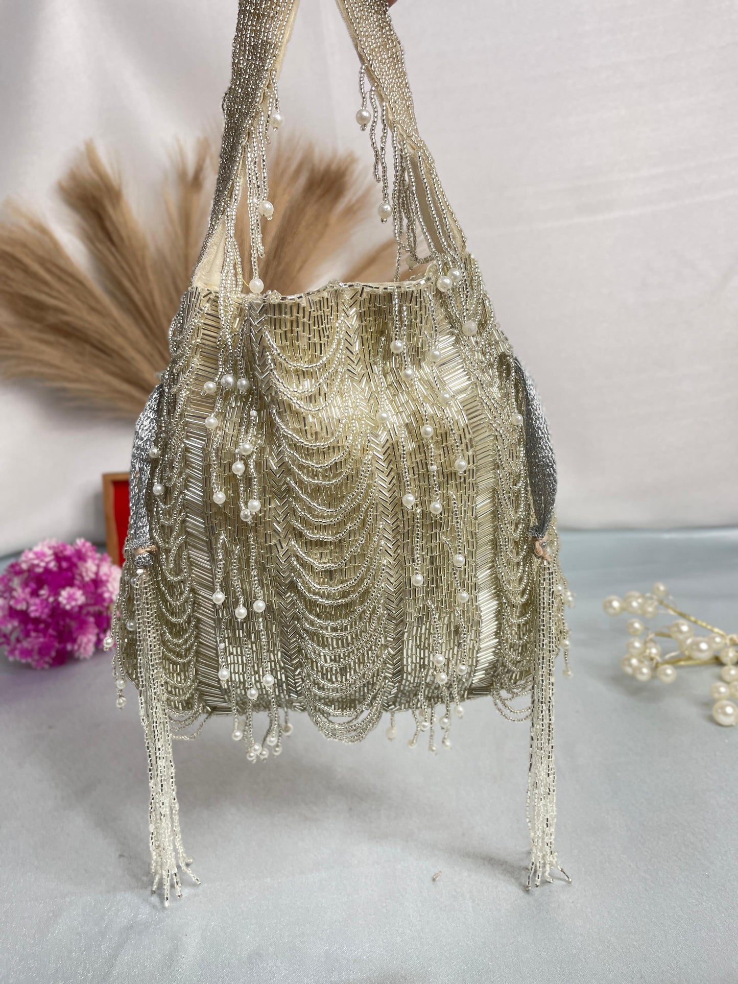 Hazel silver mala nalki work potli