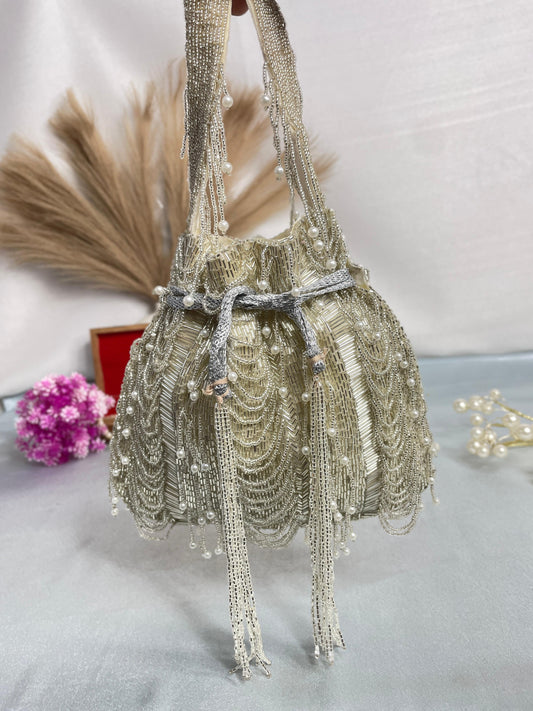 Hazel silver mala nalki work potli