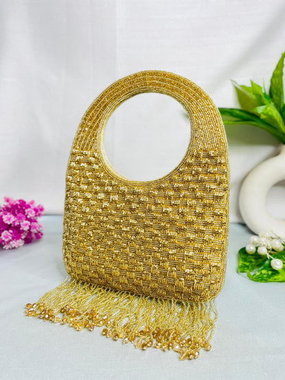 Hand-Beaded Fringe Handle Clutch – A Statement of Subtle Glam by Trendy Crafts