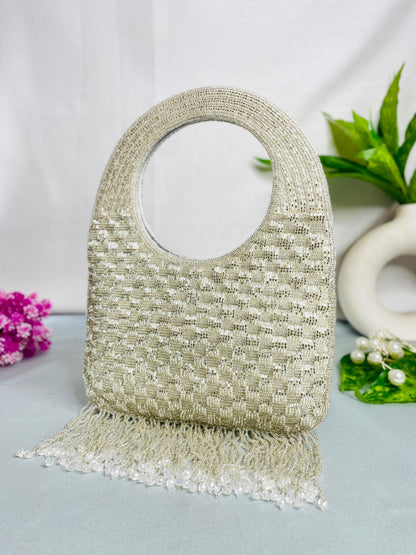 Hand-Beaded Fringe Handle Clutch – A Statement of Subtle Glam by Trendy Crafts